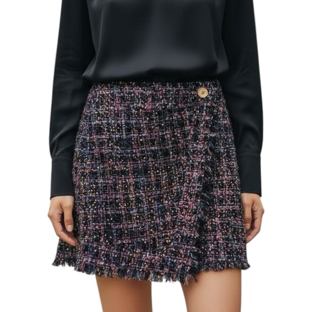 Eva Franco Plaid Tweed Frayed Edges Sequin Embellishment A-Line Skirt Size 8